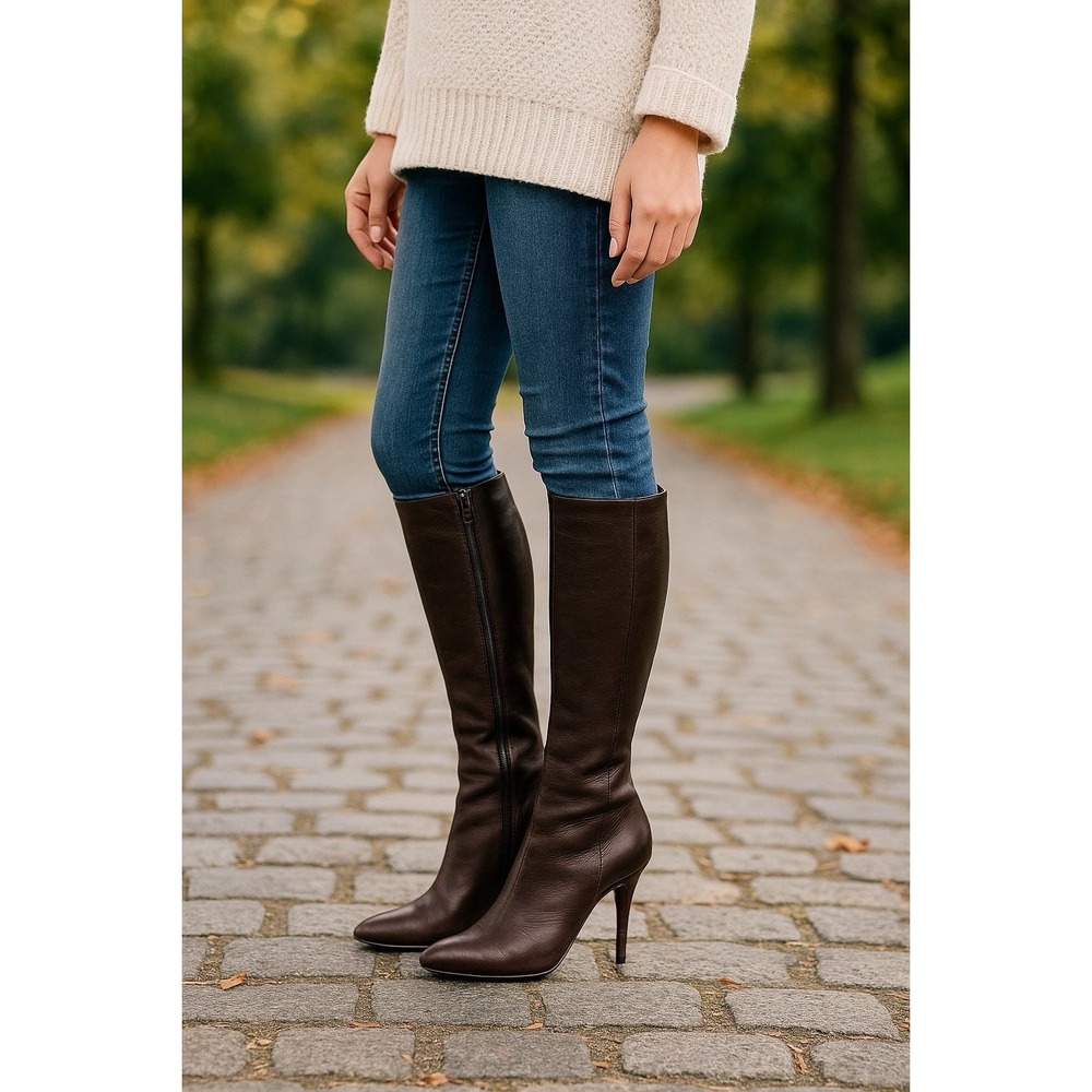 Leon Max Brown Leather Knee High Boots 7 1/2 Heeled Zip Italian Made Vero Cuoio